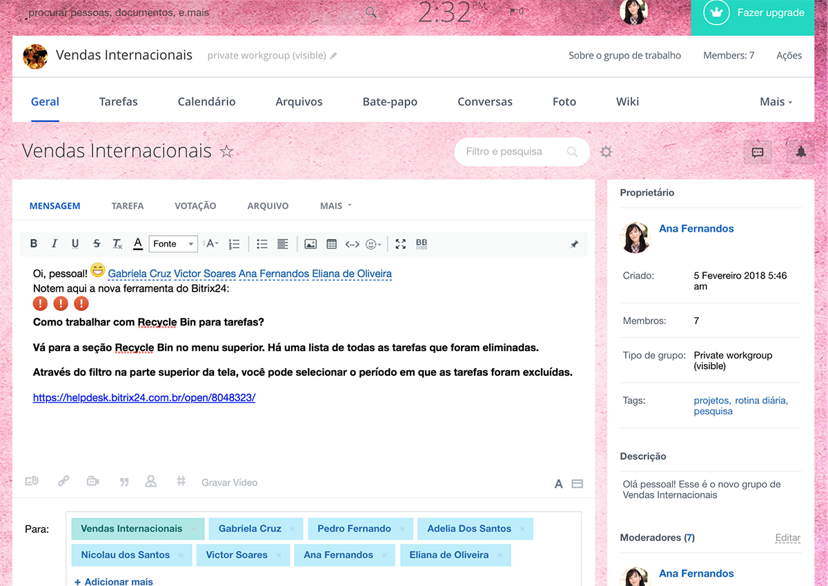 Espaço de trabalho do projeto online